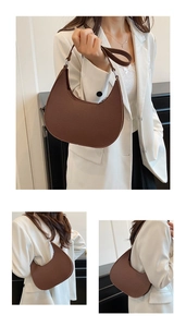 Detailed views of a brown textured crescent bag featuring a sleek silver metal buckle
