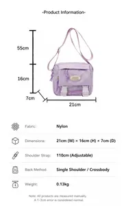 Detailed size chart for nylon crossbody bag showing 21cm width and 16cm height