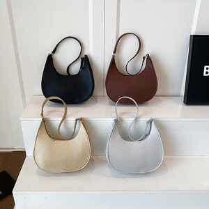 Minimalist Lychee Grain PU Leather Crescent Hobo Shoulder Bag Large Capacity Solid Color Chic Armpit Handbag For Women