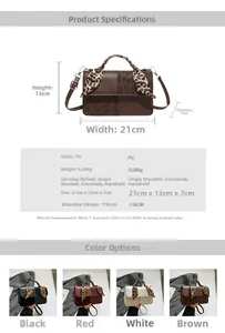Detailed size specifications and color comparison of leopard print handle crossbody bags