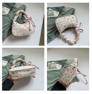 Multi-angle views of a white floral tote bag with cute bear prints and bow details