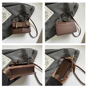 Detailed four-way view of brown leopard patchwork crossbody bag with silk scarf handle