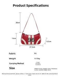 Detailed size chart of red PU leather shoulder bag with dimensions and light weight specs
