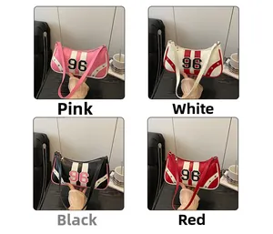 Collage of retro shoulder bags in pink, white, black and red with number 96 detail