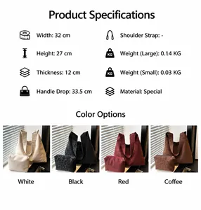 Detailed size chart for large and small vintage tote bags with dimensions and weight info