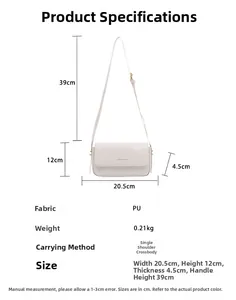 Detailed dimension guide for the white PU leather crossbody bag showing size parameters