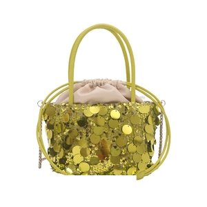 Sparkly yellow sequin bucket bag with leather handles and chain strap for women