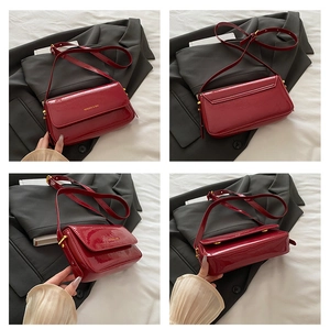 Collage of red patent leather flap bag showing front, back, and side texture details