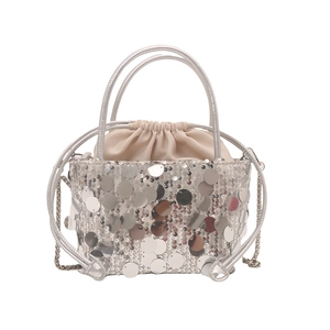 Elegant silver sequin bucket bag for women with chain strap and drawstring closure