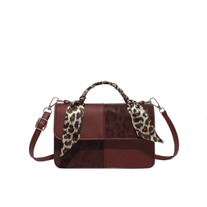 Burgundy and leopard print patchwork tote bag with stylish scarf handle and gold hardware
