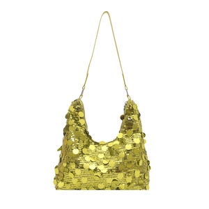 Sac hobo élégant à paillettes jaune doré brillant avec une bandoulière fine et raffinée