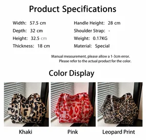 Detaillierte Größentabelle für große Leopard-Tragetasche mit Breiten- und Gewichtsangaben
