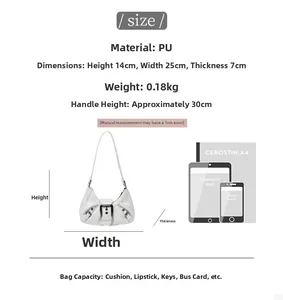 Detailed size chart for the white pleated PU shoulder bag with dimension annotations