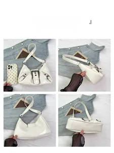 Detailed views of a white pleated underarm bag with a large metallic buckle and PU leather texture