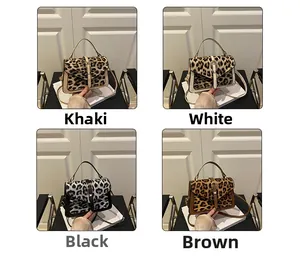 Detail view of stylish leopard print handbags in khaki, white, black, and brown color options