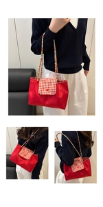 Detailed views of a red nylon tote bag with red-white plaid flap and colorful beaded strap