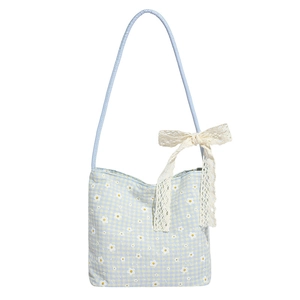 Sac cabas en toile à carreaux bleus avec fleurs, nœud en dentelle et grande capacité