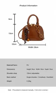 Detailed size chart for mini PU shell bag including dimensions and strap length information