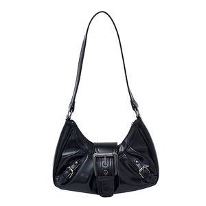 Chic black glossy Y2K underarm bag with vintage silver buckle and crescent shape