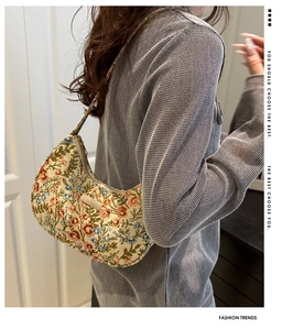 Detail of vintage floral jacquard pattern and hobo bag texture shown on model