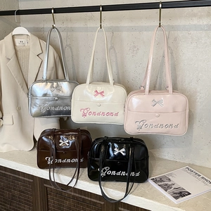 Women Fashion Bow Glossy PU Shoulder Bag Multi Functional Letter Embroidery Crossbody Bag Backpack School Travel Satchel