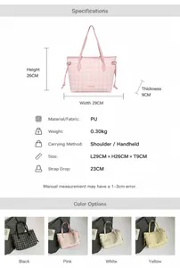 Detailed size chart and specifications for plaid PU leather tote bag with four color options