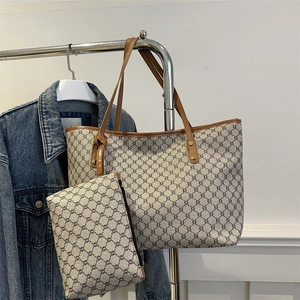 Classic large tote bag with matching pouch in vintage monogram canvas and brown leather