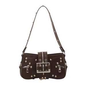 Dark brown leather baguette bag with silver studs and metal buckle in Y2K punk style