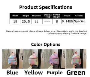 Detailed size chart and four tie-dye mini backpacks in blue yellow purple and green