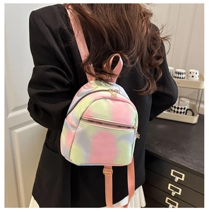 Detail of pink and blue macaron tie-dye leather mini backpack with flower zipper