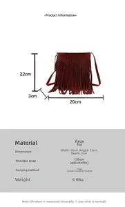 Detailed size specifications for the burgundy tassel crossbody bag with measurements