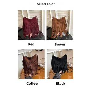 Multiple views of bohemian fringed bucket bags in red, tan, brown, and black suede