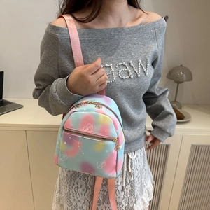 Mini tie-dye nylon backpack for women with heart prints and gold metal zippers