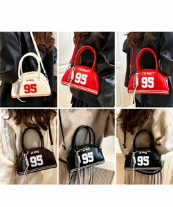 Collage of four stylish Los Angeles 95 printed Boston bags in white, red, brown and black