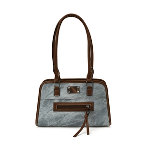 Modische graue Vintage-Canvas-Handtasche mit braunem Lederbesatz und silberner Plakette