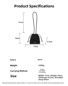 Detailed size specifications for a minimalist drawstring bucket bag with dimensions