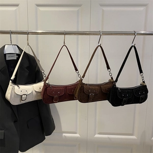 Women Retro Synthetic Leather Baguette Shoulder Bag Fashion Trendy Underarm Bag With Double Pockets For Daily Use Solid Color