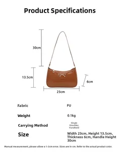 Detailed size chart for brown PU shoulder bag with bow and 23cm width specification