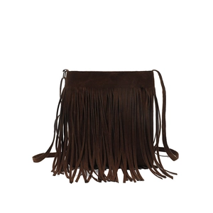 Minimalist coffee brown faux suede crossbody bag with long fringes and retro design