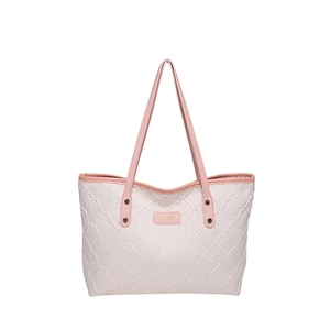 Pink quilted tote bag with white diamond lattice pattern and floral texture for women
