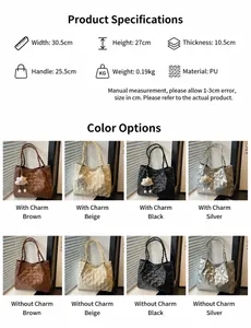 Detailed view of quilted PU tote bags in four colors with braided handles and dimensions