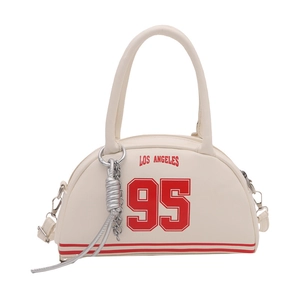 Retro cream white bowling bag with red Los Angeles 95 print and silver knot charm