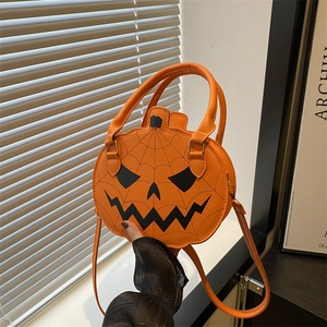 Halloween Pumpkin Crossbody Bag For Women PU Leather Funny Jack-O-Lantern Shoulder Bag With Spider Web Stitching Top Handle Handbag