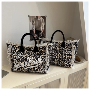 Bolso Tote De Lona Con Estampado De Leopardo Flecos Blancos Gran Capacidad Bolso De Playa Vacaciones Mujer