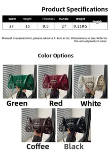 Detailed size chart and multi-color options for rivet studded PU leather shoulder bag