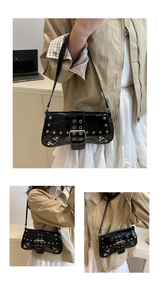 Detailed views of a black patent leather shoulder bag with silver studs and Y2K punk buckle