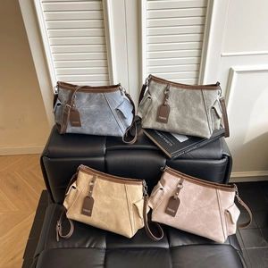 Women Contrast Color PU Leather Bucket Bag Large Capacity Crossbody Shoulder Bag With Fashion Charm Commuter Purse