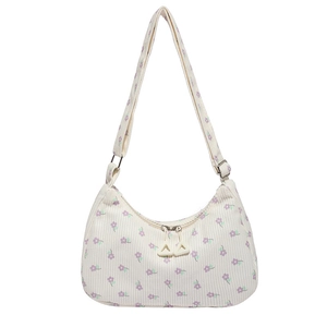 Sac hobo chic en velours côtelé blanc crème avec des motifs floraux violets élégants