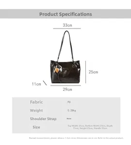 Detailed view of large brown PU leather tote bag with dimensions and fashion logo tag