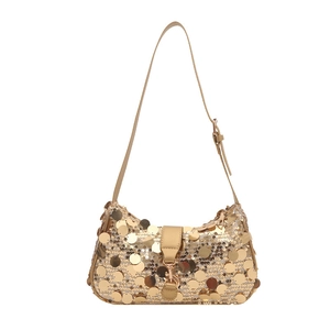 Sac à épaule chic en paillettes dorées avec lanière en cuir et boucle en métal